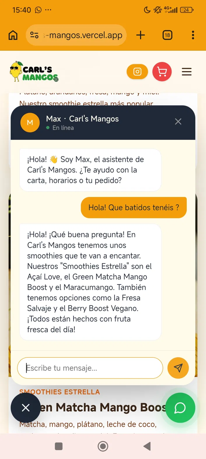Max en móvil mostrando la carta